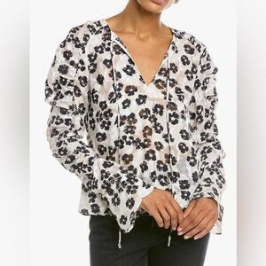 Ted Baker Navy and Cream Floral V-Neck Blouse - Size 1/S
